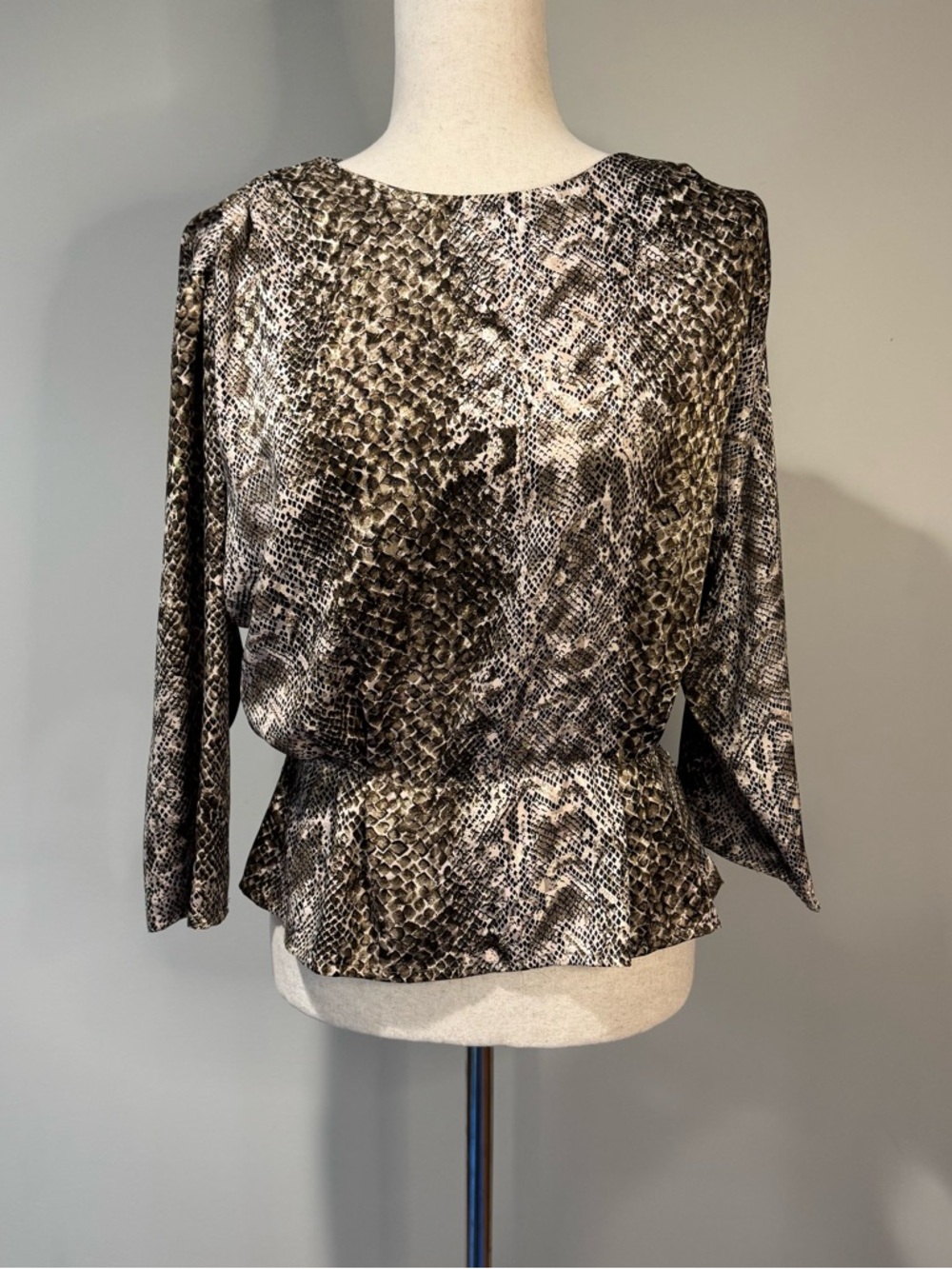 Vintage Jenny B Snakeskin Print Long Sleeve Blouse Peplum Top Silky Petite M